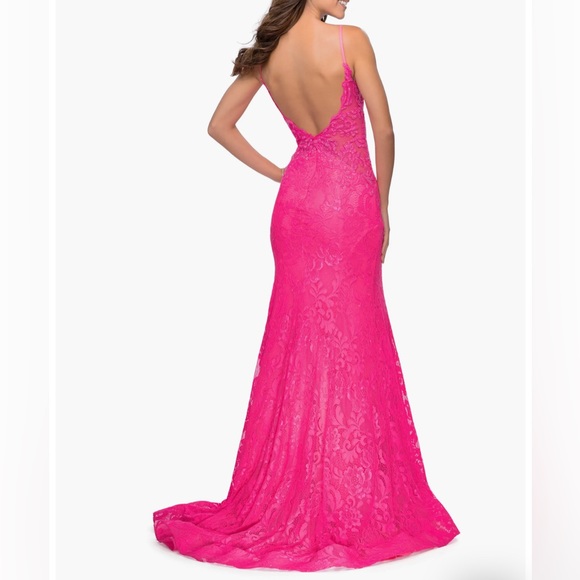 La Femme Sleeveless Lace Mermaid Gown in Neon Pink - Picture 2 of 6